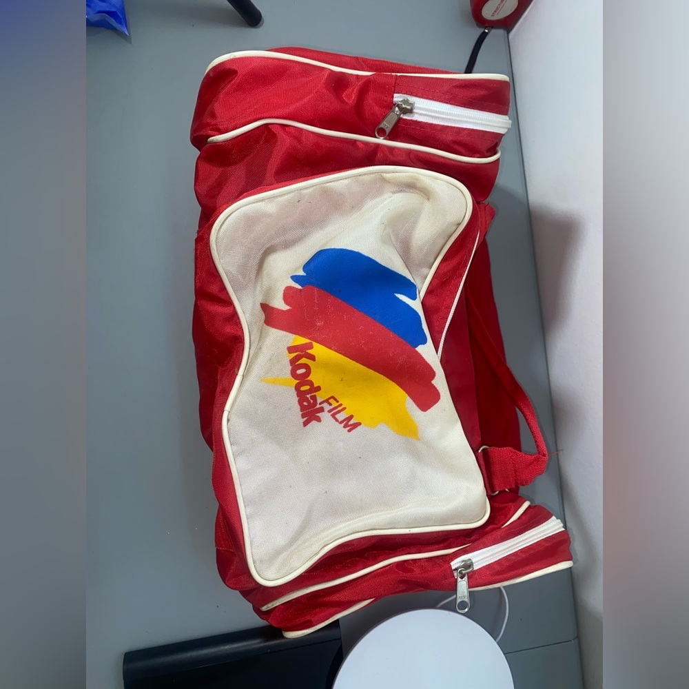 Vintage Kodak Red and White Duffel Bag with Colorful Logo